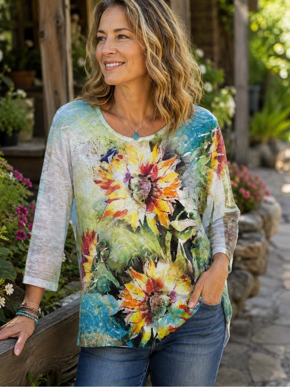 Jess & Jane Sunflower Ruffle Overlay Unique Art to Wear Top Size M USA